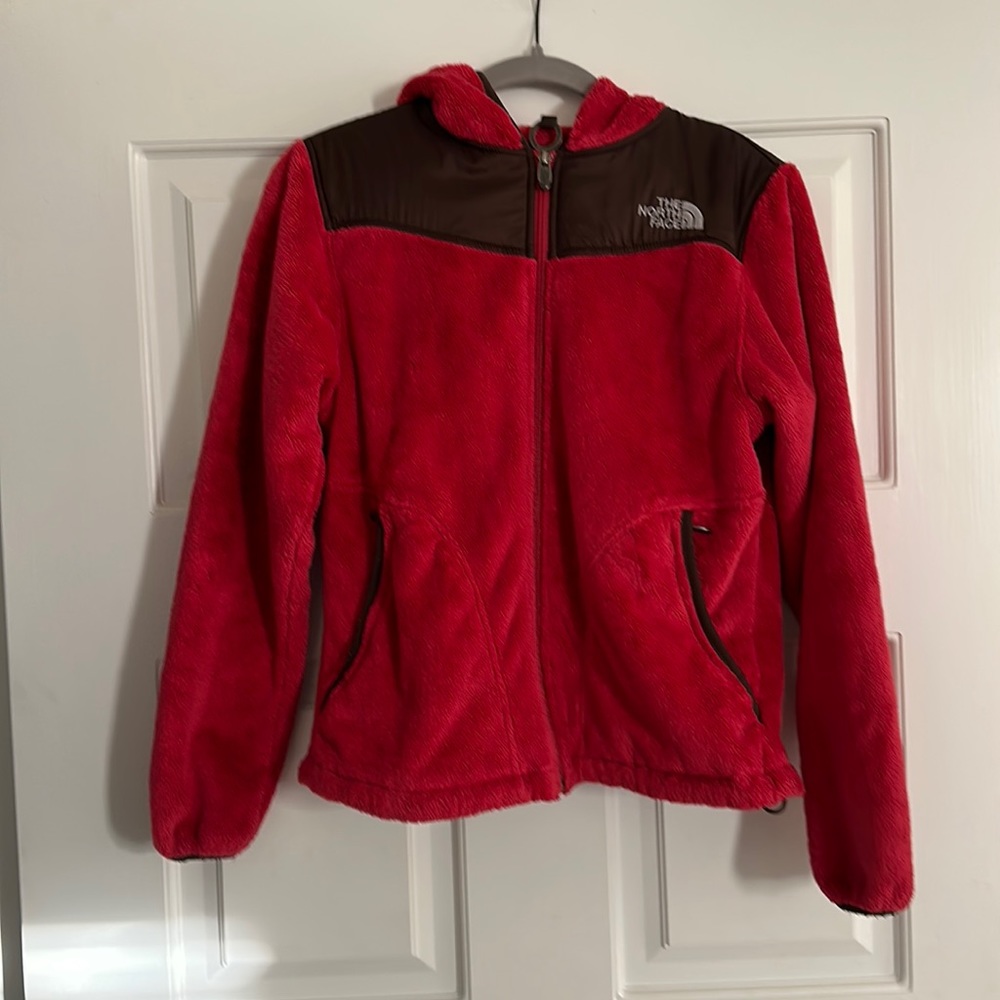 The North Face Womens Full Zip Furry Fleece Jacket Size S Hooded Red